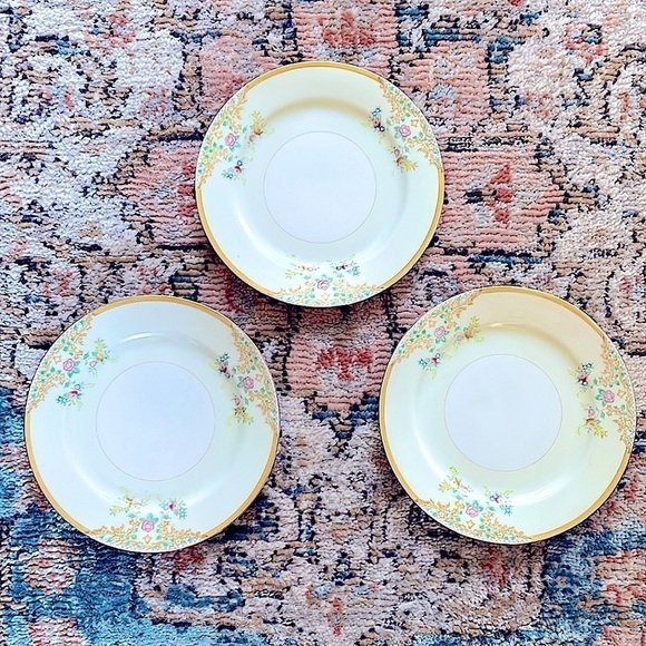 Hand Painted Porcelain Salad Plate Japan Flowers Gold Green Pink Yellow Set of 3 - Picture 2 of 4